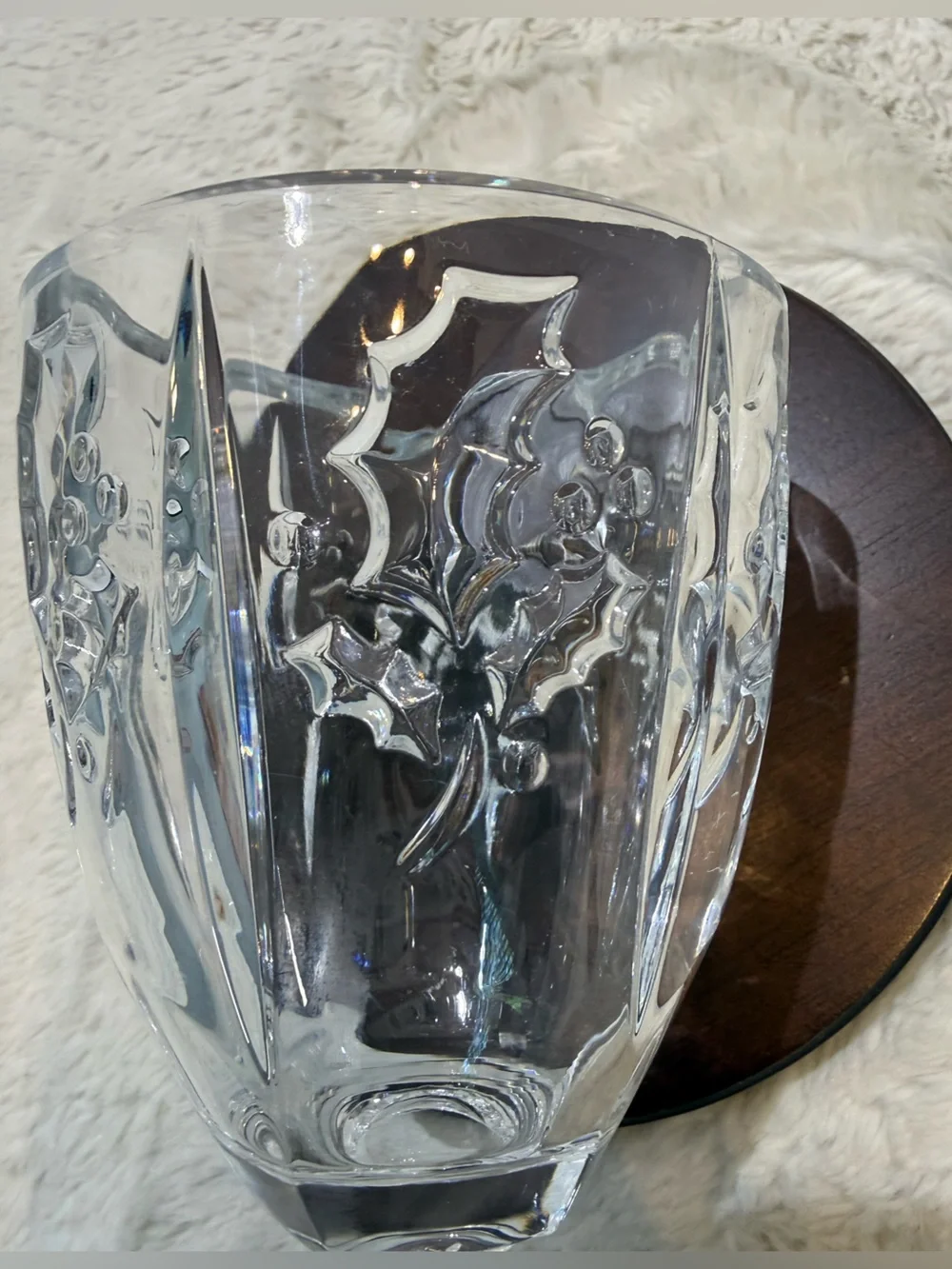 Mikasa clear cut heavy crystal vase featuring holly leaves & berries design